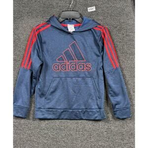 Adidas Hoodie Boys Medium 10/12 Blue Red Pullover 3-Stripes Logo Fleece Athletic